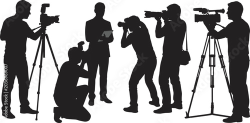 Obraz na płótnie Silhouette vector illustration of press conference media scrum with paparazzi ph