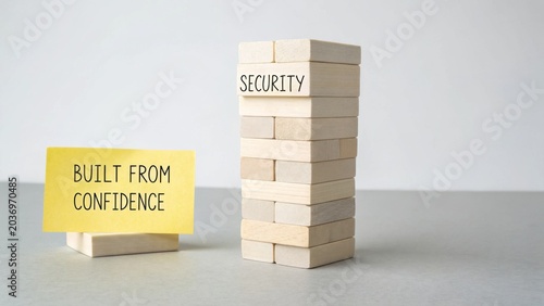 Conceptual image of a tower of wooden blocks labeled 'Security' with a sticky note saying 'Built from Confidence' representing stability and trust in business