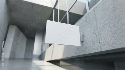 Blank white rectangular signage mockup mounted on a textured concrete wall for office wayfinding and branding display