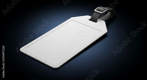 Isolated rectangular white school bag tag with black strap on dark background representing travel identification luggage