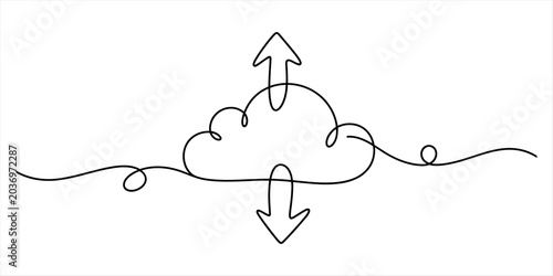 Cloud with up and down arrows, one line drawing