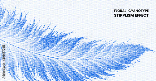 Floral cyanotype stipplism effect feather illustration isolated on white background
