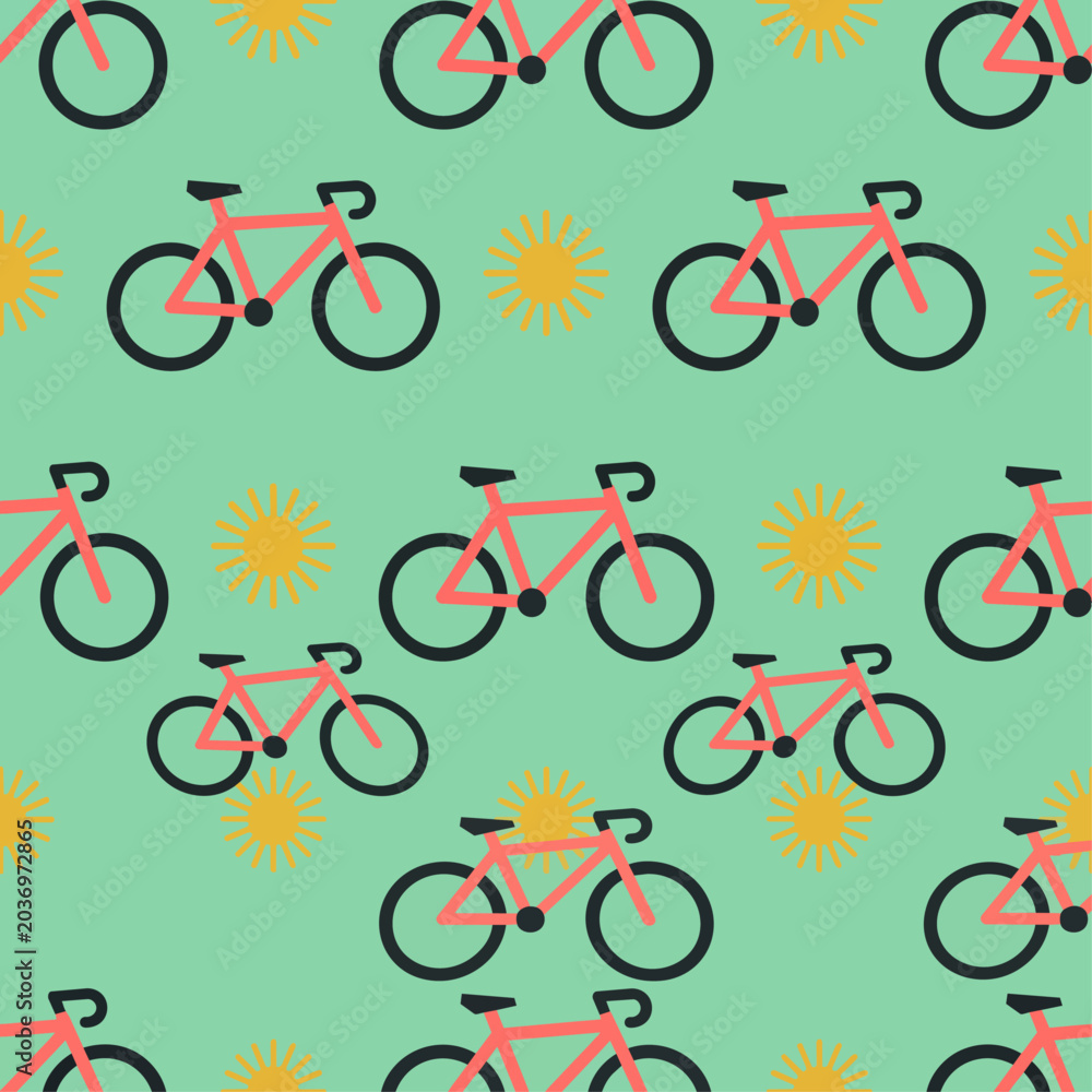 Obraz premium Minimalist cycling seamless pattern with red bikes and yellow suns