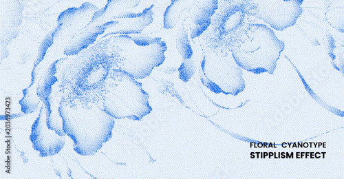 Blue floral cyanotype pattern with stipplism effect, vintage botanical illustration with stipple dots texture, retro flower engraving background