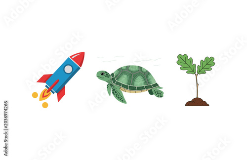 Bild auf Leinwand Rocket and turtle with plant icon representing speed, slowness and growth concep