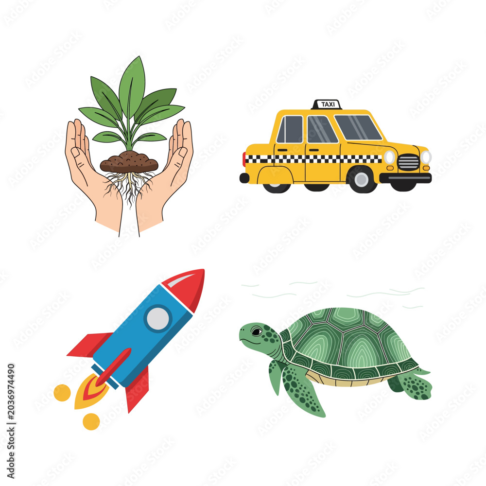 Obraz premium Eco-friendly transportation, space exploration, nature's growth, and urban mobility represented by icons