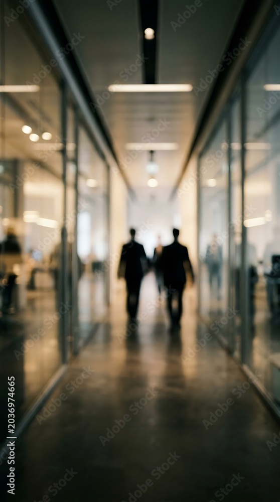 Fototapeta premium Blurred silhouettes of business people walking down a modern office corridor