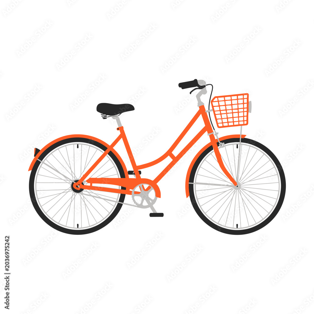 Fototapeta premium Bright orange bicycle with a front basket, perfect for city commuting and errands