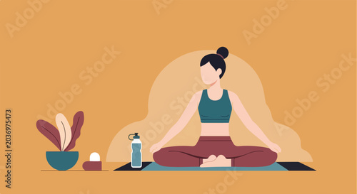 Billede på lærred A woman sits in a peaceful meditative yoga pose on a mat, accompanied by a water bottle and a potted plant against a warm background