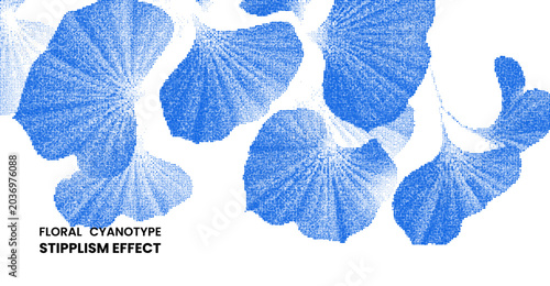 Floral cyanotype stipplism effect with ginkgo biloba leaves, artistic botanical illustration with blue dot pattern, creative nature design isolated on white background