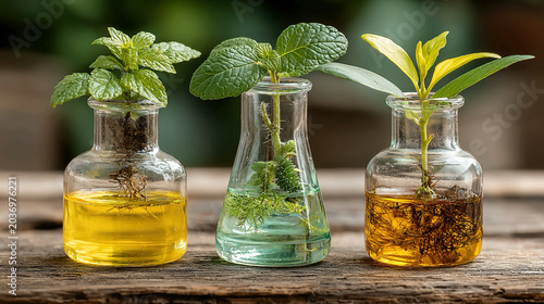 Three flasks with plant and water on wooden surface, symbolizing scientific growth study, biology, environmental research, laboratory experiments, education, and connection between nature and science,