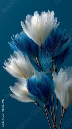 blue white feather flowers on dark teal background