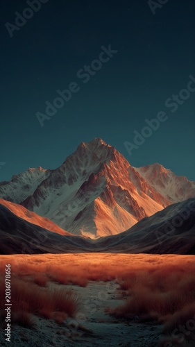 majestic mountain peak at twilight with golden meadow