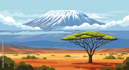 Obraz na płótnie Majestic Mount Kilimanjaro vector illustration, with an iconic acacia tree promi