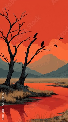 silhouette birds in dead tree at red sunset