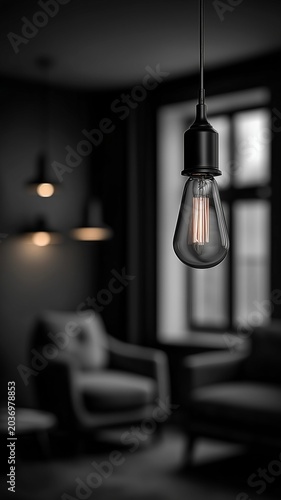 modern black pendant light with exposed filament bulb indoors