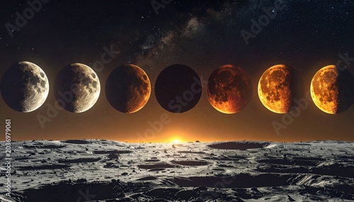 Lunar Eclipse Phases Over a Barren Landscape with a Glowing Horizon.