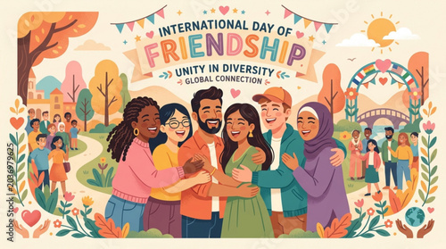 Multicultural friends embracing in a park during international day of friendship with unity and diversity theme
