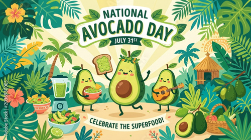 Happy anthropomorphic avocado characters celebrating national avocado day with food music and tropical vibes
