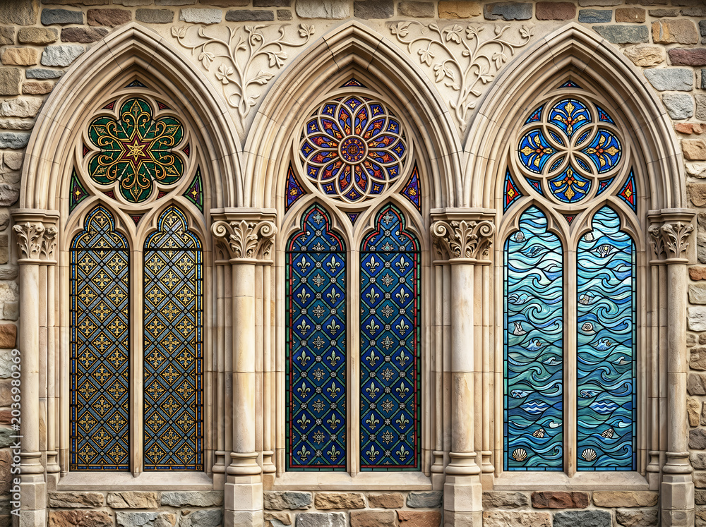 Obraz premium Gothic stone windows with colorful stained glass and intricate patterns gothic architecture