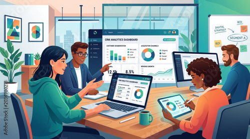 Business team analyzing crm analytics dashboard with charts and graphs in modern office meeting room