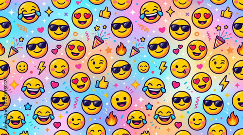 Cute emoji seamless pattern with colorful smiling faces heart eyes sunglasses and playful symbols on gradient background