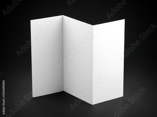 Blank trifold brochure mockup standing upright on black surface for corporate branding presentation and design display