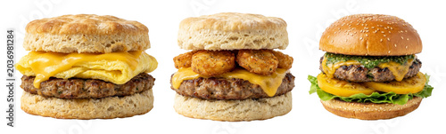Assortment of breakfast and lunch sandwiches featuring sausage biscuits and beef hamburger on transparent background PNG file
