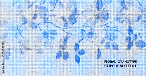 Blue floral cyanotype background with stipplism effect vintage botanical leaves and branches pattern in pointillism style halftone dotted texture