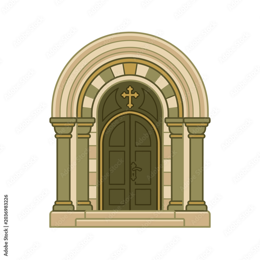 Fototapeta premium Pixel Art Church Door Illustration with Arched Entrance, Columns, and Christian Cross Symbol