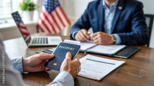 Individual presenting passport during visa application process at office