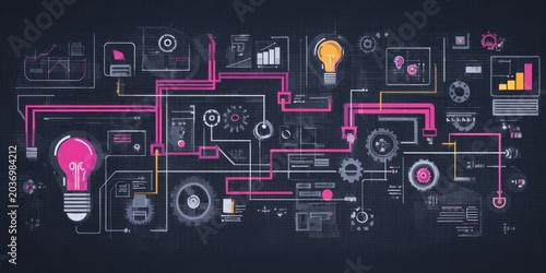 Abstract illustration of a digital user interface with connected components and ideas