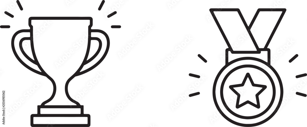 Naklejka premium Art & Illustration, Celebration Winner Trophy Cup and Sparkle Medal Outline Icons