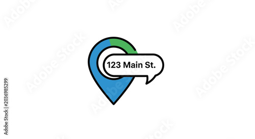 Map marker icon with address speech bubble text.