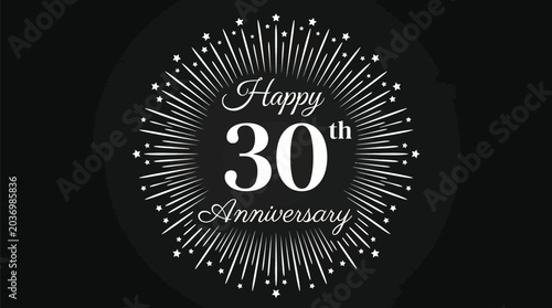 Elegant white vector graphic illustration celebrating a happy thirtieth anniversary with bright stars and rays