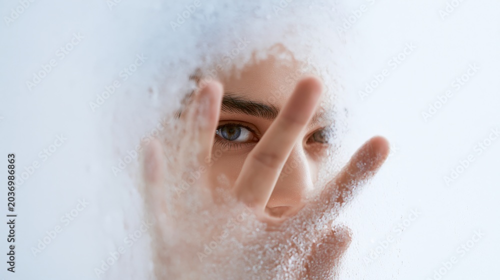 Fototapeta premium Fogged Bathroom Mirror with Face and Hand Closeup
