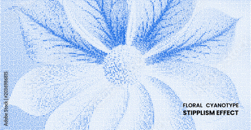 Tableau sur toile Floral cyanotype stipplism effect, abstract blue dot pattern illustration of a f