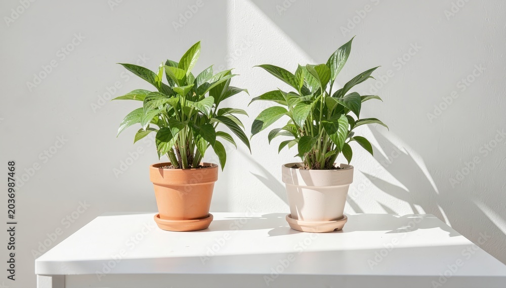 Fototapeta premium Two Green Potted Plants: A pair of lush green potted plants, one in a terracotta pot and the other in a cream-colored pot, sit side-by-side on a white surface.