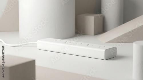 Modern white power strip surge protector on minimalist geometric background for home office energy and electrical safety