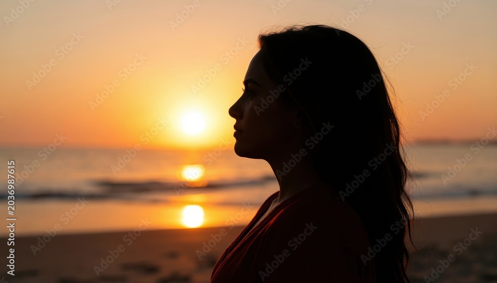 Fototapeta premium Serene Sunset Reflection: A solitary woman stands silhouetted against a breathtaking sunset on a tranquil beach, her profile serene as the golden sun dips below the horizon.