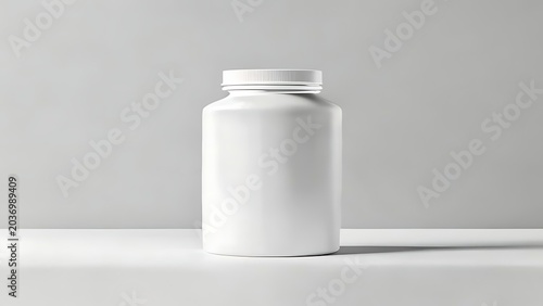 Blank white plastic jar container mockup for supplement powder or chemical product packaging branding and label design