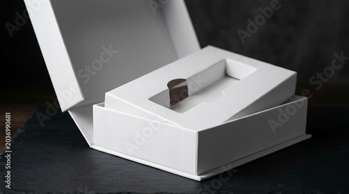 Open white paper gift box with internal insert tray for premium product packaging branding mockup design presentation