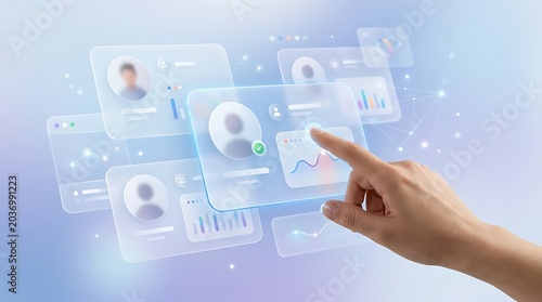 Hand interacting with a digital interface showing profiles and data charts for human resources and talent management analysis