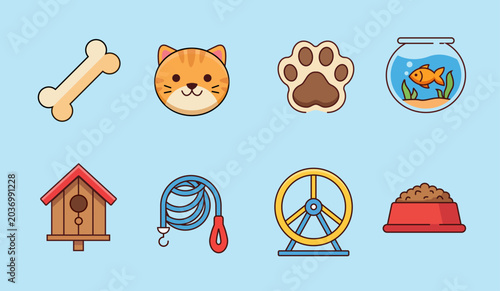 Bilde på lerret Cute pet icons set cat paw fish bowl dog house pet food vector illustration