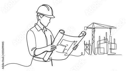 Construction worker reviewing building plans.
