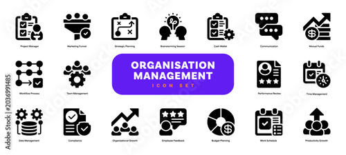 Organisation Management Glyph Icon, Solid Symbol for Corporate Structure, Team Coordination, Strategic Planning, Resource Allocation, and Enterprise Leadership. Vector Sign Icon.