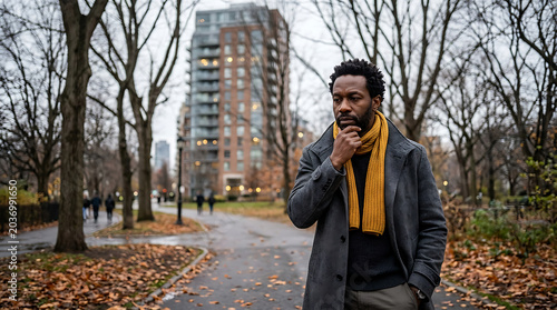 Man in coat and scarf standing in park