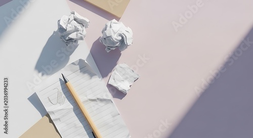Crumpled paper and pencil on desk.