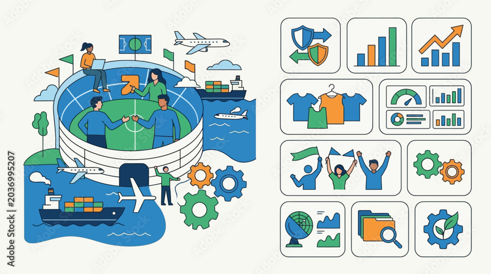 Naklejka premium Modern vector illustration showing a stadium integrated with global logistics including cargo ships, airplanes, and gears, accompanied by a collection of business data icons.