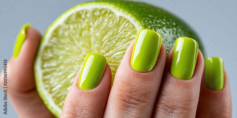 Obraz premium Green nails with lime close up refreshing summer vibe